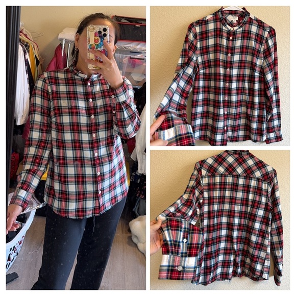 J. Crew Tops - J.Crew festive HOLIDAY PLAID ruffle trim FLANNEL fitted woman’s SHIRT~size S